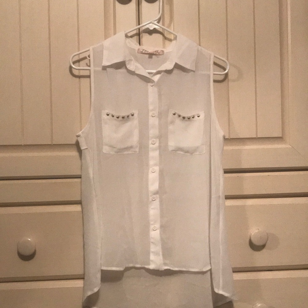 White Button Down Tank with Gold Studs